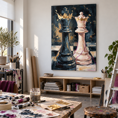 Opera d'arte con Re degli scacchi in fase di rifinitura manuale con colori acrilici nel nostro atelier, luce naturale.