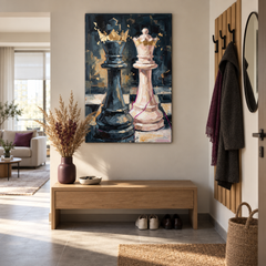 Elegante quadro con Re degli scacchi appeso in un moderno soggiorno sopra una console, arredamento di design.