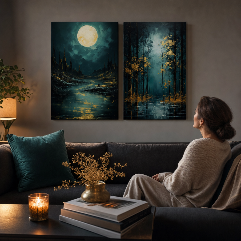 Set 2 obrazov Zlatá príroda – Mesiac nad tajomnými skalami a Zlatá listová fantázia – gallery-wrap plátna nad sedačkou v elegantnej obývačke