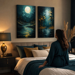 Set 2 obrazov Zlatá príroda – Mesiac nad tajomnými skalami a Zlatá listová fantázia – gallery-wrap plátna nad posteľou v elegantnej spálni