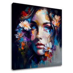 Quadro Cielo negli Occhi, un ritratto espressivo di donna con fiori, elemento del set Bellezza Intensa, ideale per una camera da letto.