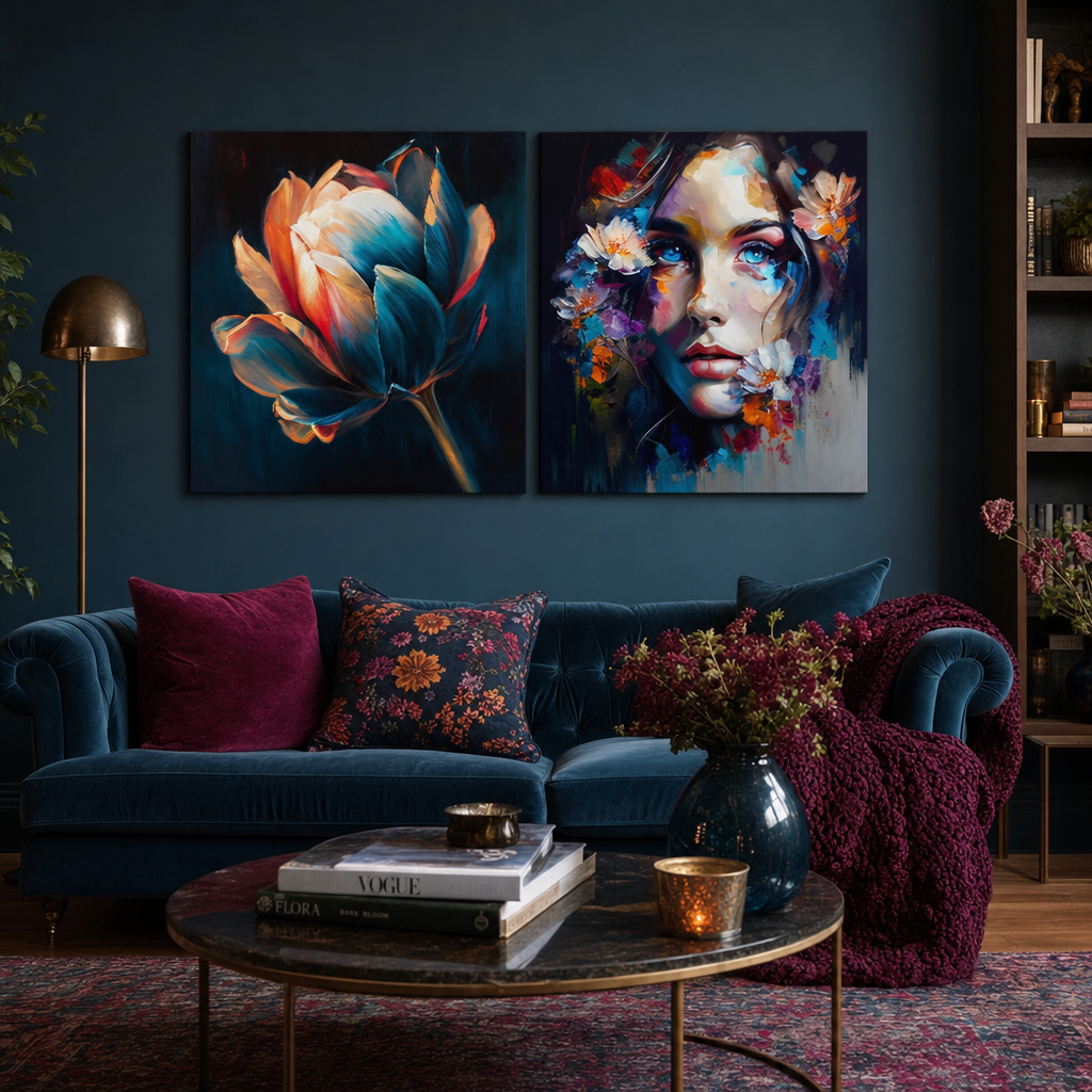 Set di 2 quadri Bellezza Intensa di Papilora, con Risveglio di Bellezza e Cielo negli Occhi, appeso sopra un divano moderno in un soggiorno elegante.