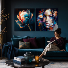 Dittico Bellezza Intensa, con i quadri Risveglio di Bellezza e Cielo negli Occhi, posizionato sopra una credenza in un ambiente raffinato.