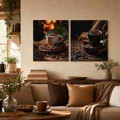 Set di 2 quadri Delizia Caffè di Papilora: Piacere Tostato e Fantasia di Caffè, perfetti sopra il tavolo da pranzo in una cucina moderna.