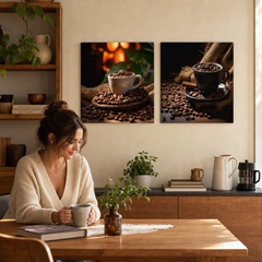 Dittico di quadri Delizia Caffè: Piacere Tostato e Fantasia di Caffè, ideali sopra il piano di lavoro in una cucina accogliente.