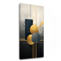 Quadro Mondo in Movimento, parte del set Eleganza Art Déco, con linee geometriche e accenti oro in un ambiente raffinato.