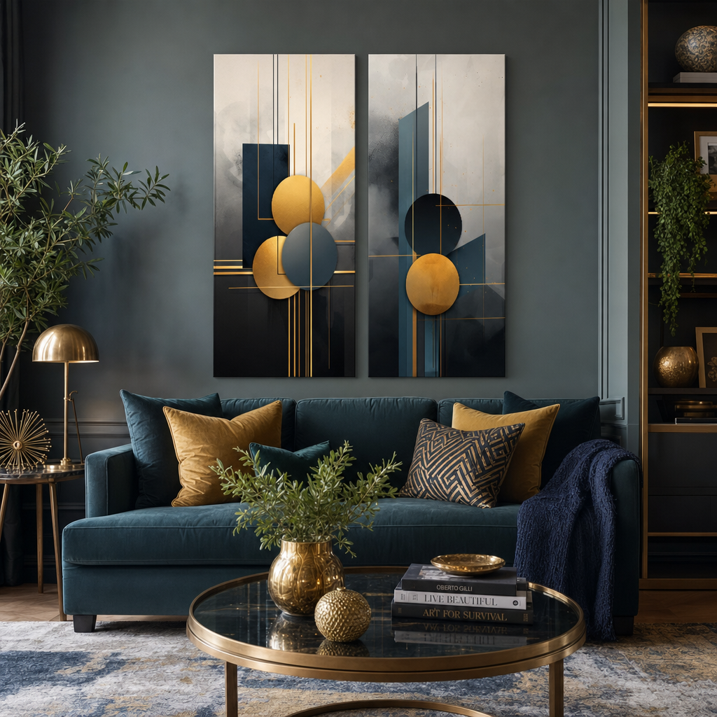 Set di 2 quadri Eleganza Art Déco Papilora, Mondo in Movimento e Via della Vita, sopra il divano in un elegante soggiorno moderno.