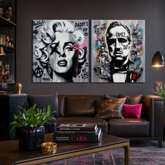 Set di 2 quadri Leggende Cinematografiche Papilora sopra il divano del soggiorno – Marilyn Monroe e Il Padrino in stile pop-art bianco e nero.