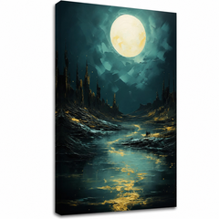 Quadro Luna sopra le rocce misteriose – scena notturna oro-turchese, tela 3D gallery-wrap rifinita a mano con acrilico.