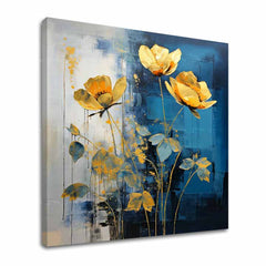 Quadro Fiori Dorati: motivo floreale luminoso con accenti oro su sfondo scuro, elemento centrale del set Poesia Floreale Dorata.