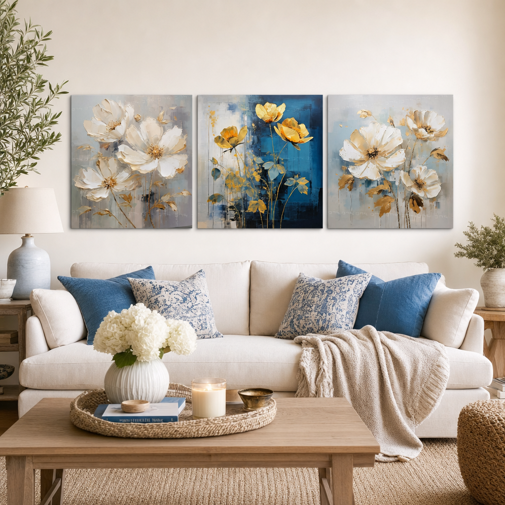 Set di 3 quadri Poesia Floreale Dorata di Papilora, con motivi Piacere per i Sensi, Fiori Dorati, Sinfonia d'Eleganza in un moderno soggiorno.