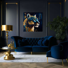 Quadro Lo Sguardo Silenzioso della Puma sulla parete in un interno moderno, parte del set Safari Gold