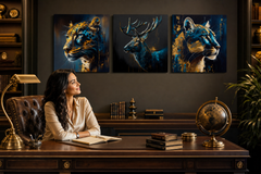 Set di 3 quadri Safari Gold – Giaguaro, Cervo, Puma – tela gallery-wrap in una lussuosa area studio Papilora