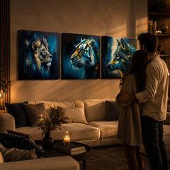 Set Wild Kingdom in un interno serale: tre quadri Leone, Tigre, Lupo creano un'atmosfera romantica e accogliente con la luce delle candele.