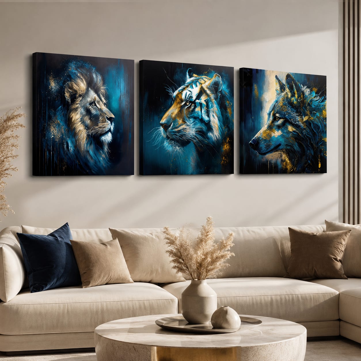 Set di 3 quadri Papilora Wild Kingdom in un moderno soggiorno – Leone, Tigre, Lupo sopra il divano, un'elegante decorazione murale per la tua casa.
