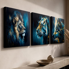 Dettaglio del set Wild Kingdom: tre quadri su tela da vicino, con bordi gallery-wrap e raffinati dettagli acrilici applicati a mano.