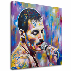 Quadro Freddie Mercury, ritratto pop-art pittorico, tela 3D gallery-wrap rifinita a mano con dettagli acrilici unici.
