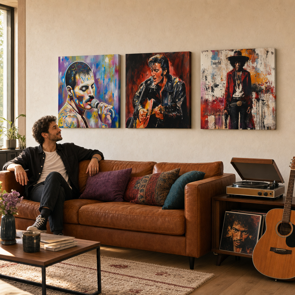 Set di 3 quadri Papilora Rock Legends, Freddie Mercury, Elvis Presley, Jimi Hendrix, sopra un divano in soggiorno.
