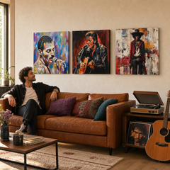 Set di 3 quadri Papilora Rock Legends, Freddie Mercury, Elvis Presley, Jimi Hendrix, sopra un divano in soggiorno.