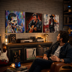 Set di 3 quadri Rock Legends con Freddie, Elvis e Hendrix in una sala musicale sopra una credenza, atmosfera serale.