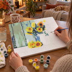 Pittura per numeri GIRASOLI IN VASO – contenuto del kit
