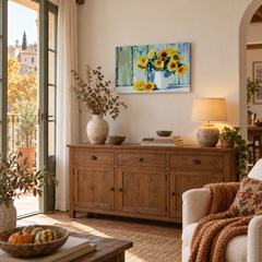 Pittura per numeri GIRASOLI IN VASO – il quadro finito alla parete